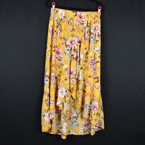 NWT Live To Be Spoiled Mustard Yellow Floral Size L Ruffled Faux Wrap Skirt